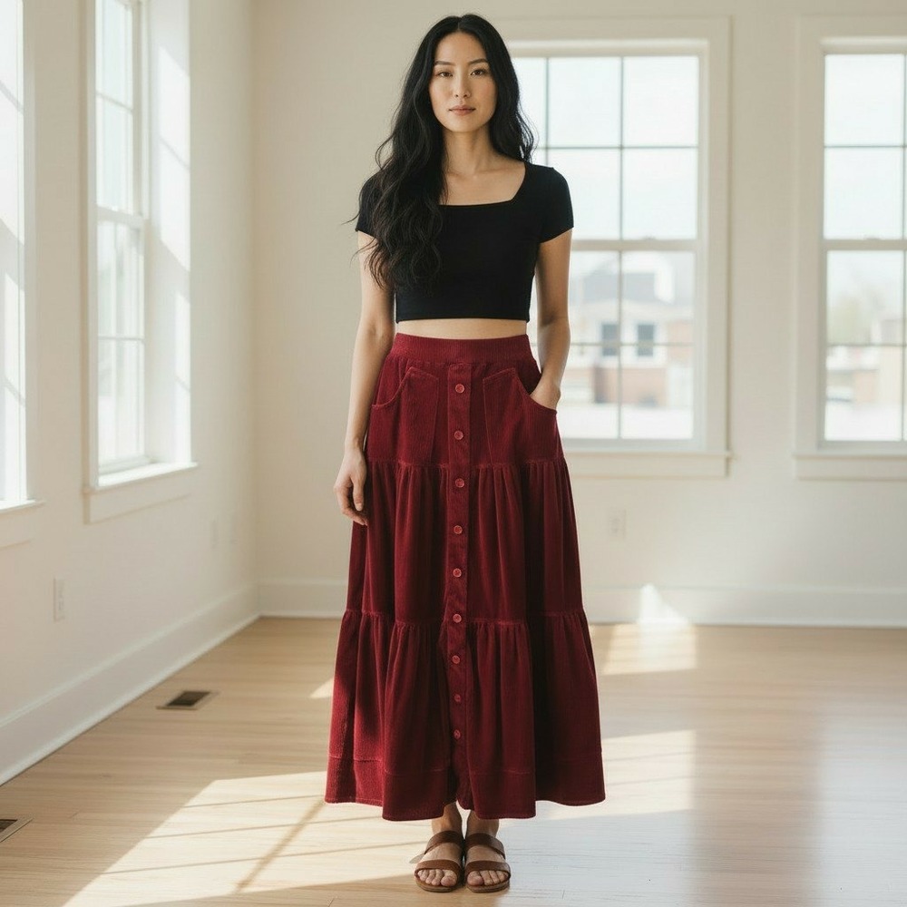 NWT Halara Corduroy Tiered Button Front Maxi Skirt Pockets High Waisted Red Sm
